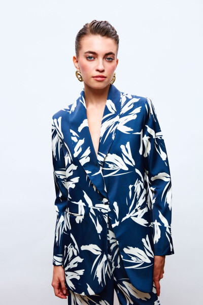 Patterned Oversized Satin Jacket - NAVY - 2