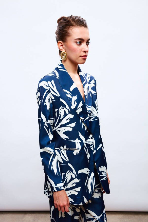 Patterned Oversized Satin Jacket - NAVY - 3