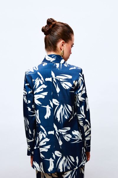 Patterned Oversized Satin Jacket - NAVY - 5