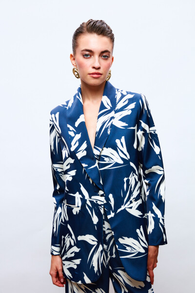 Patterned Oversized Satin Jacket - NAVY - 7