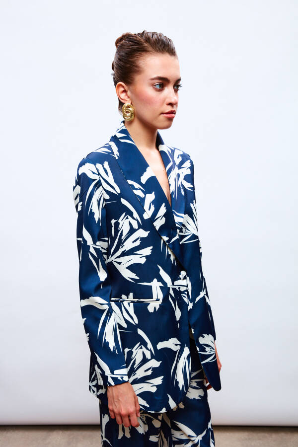 Patterned Oversized Satin Jacket - NAVY - 8