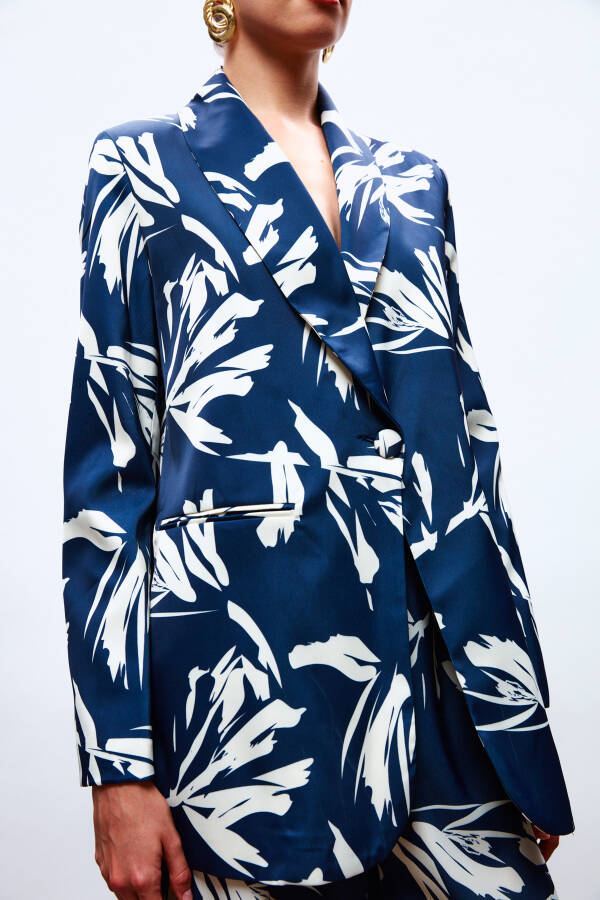 Patterned Oversized Satin Jacket - NAVY - 9