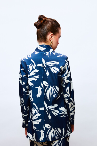 Patterned Oversized Satin Jacket - NAVY - 10