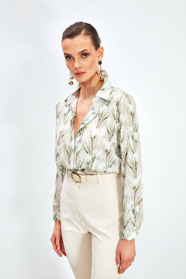 Patterned Oversized Shirt - BEIGE - 3