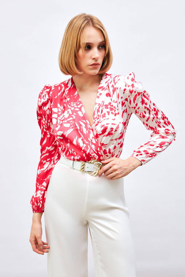 Patterned Wrap Bodysuit Blouse - FUCHSIA - 1