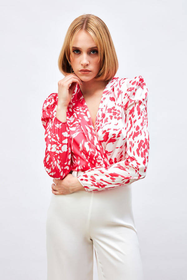 Patterned Wrap Bodysuit Blouse - FUCHSIA - 4