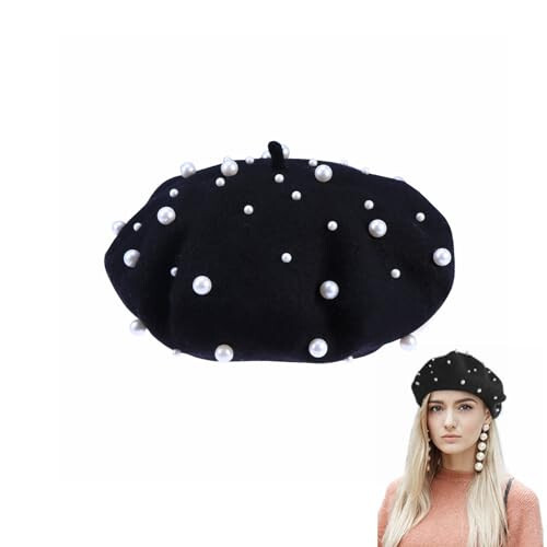 Pearl Autumn Winter Cashmere Beret Starry Beaded Pearl Rivet Wool Beret (Black) - 1