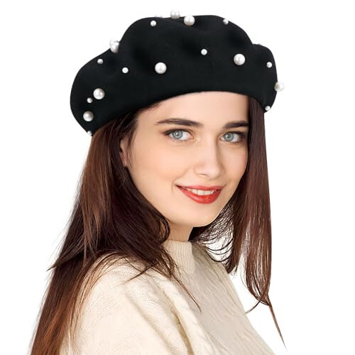 Pearl Autumn Winter Cashmere Beret Starry Beaded Pearl Rivet Wool Beret (Black) - 2