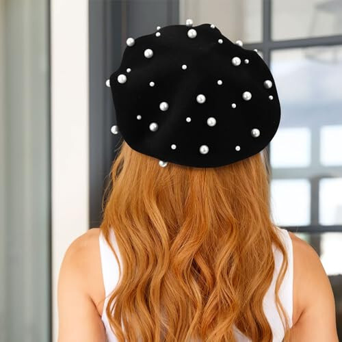 Pearl Autumn Winter Cashmere Beret Starry Beaded Pearl Rivet Wool Beret (Black) - 4