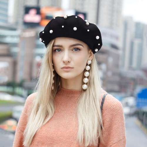 Pearl Autumn Winter Cashmere Beret Starry Beaded Pearl Rivet Wool Beret (Black) - 5