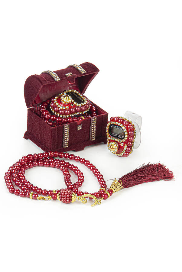 Pearl Prayer Beads and Tasbih Set in a Box, Mevlüt Gift, Burgundy - 1