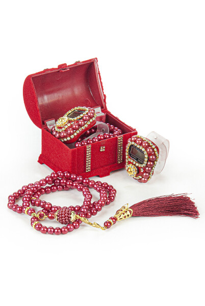 Pearl Prayer Beads and Tasbih Set in a Box, Mevlüt Gift, Red - 1