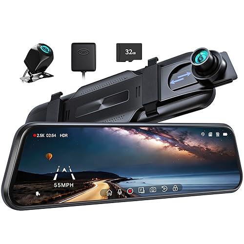 Pelsee P10 2.5K Rear View Mirror Camera, 10'' Mirror Dash Cam Smart Driving Assistant w/ADAS and BSD, Front and Rear Camera for Cars Trucks, Night Vision, Voice Control, Parking Mode, 32GB Card&GPS - 1