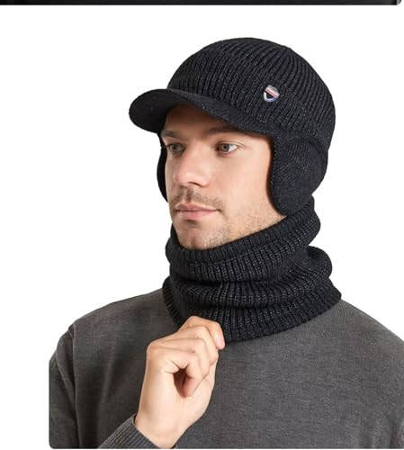 Peluş Erkek Balaclava Şapka Atkı Kışlık Sıcak Beyzbol Bere Kasketler Polar Astarlı Örgü Başlık Kayak Maskesi Şapka - 3