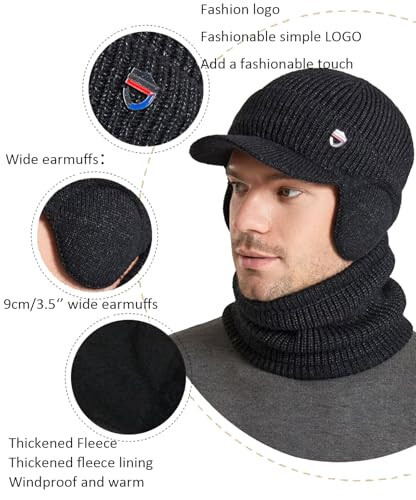 Peluş Erkek Balaclava Şapka Atkı Kışlık Sıcak Beyzbol Bere Kasketler Polar Astarlı Örgü Başlık Kayak Maskesi Şapka - 5