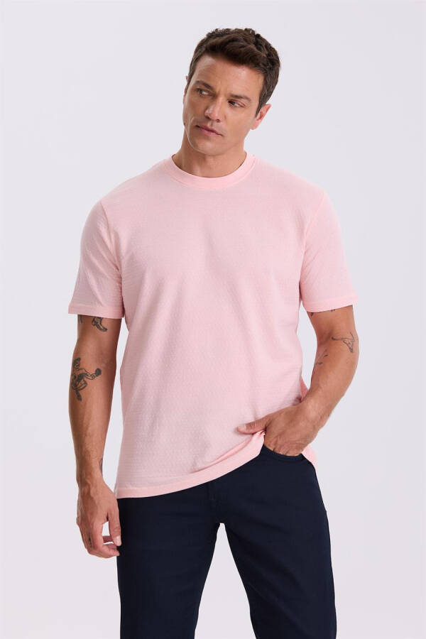 Pembe %100 Pamuk Desenli Bisiklet Yaka T-Shirt - 1