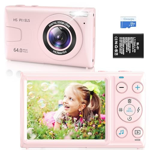 Pembe Çocuklar 4K Dijital Kamera: Fotoğraf ve Video İçin Kompakt Kamera, 64MP Otomatik Odaklama Kamera 18X Dijital Zoom ile 32GB TF Kart, Erkek ve Kız Öğrenciler için Hediye (Pembe) - 1