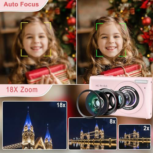 Pembe Çocuklar 4K Dijital Kamera: Fotoğraf ve Video İçin Kompakt Kamera, 64MP Otomatik Odaklama Kamera 18X Dijital Zoom ile 32GB TF Kart, Erkek ve Kız Öğrenciler için Hediye (Pembe) - 3