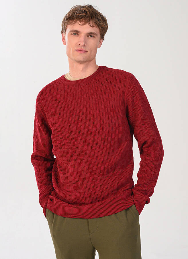 People By Fabrika Bicyclist Collar Patterned Burgundy Men's Sweater 23Tr09 - 1