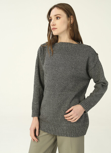 People By Fabrika Boat Neck Plain Anthracite Melange Women's Sweater PROJECT-3 - 7