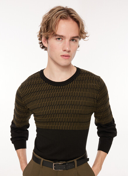 People by Fabrika men's sweater, crew neck, regular fit, jacquard black-khaki. SPBF3WM-SWE5005 - 3