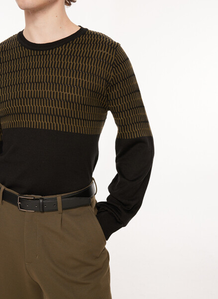 People by Fabrika men's sweater, crew neck, regular fit, jacquard black-khaki. SPBF3WM-SWE5005 - 4