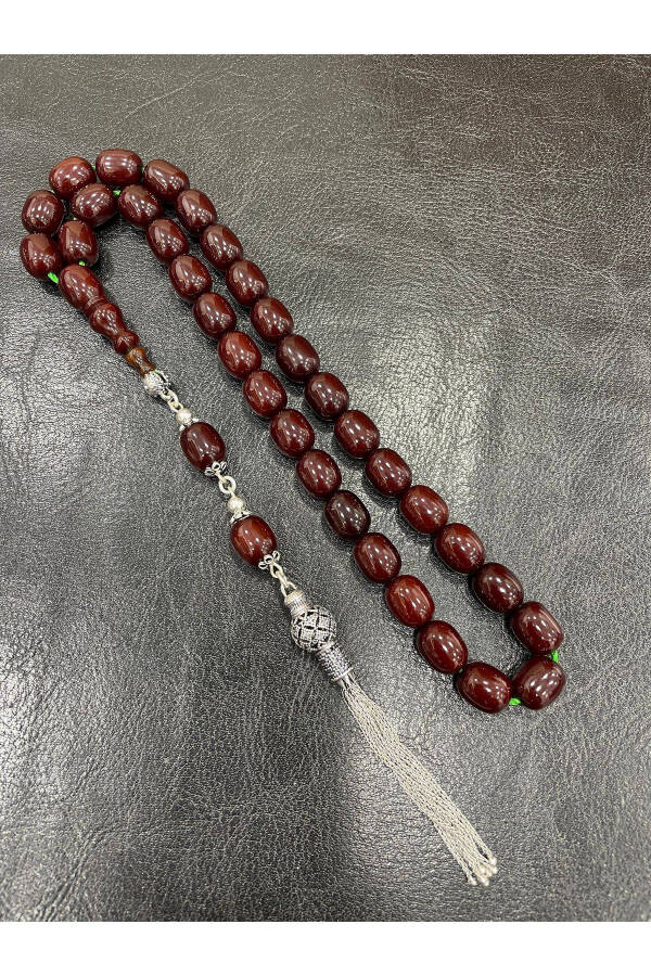 Personalized amber prayer beads with a silver tassel, presented in a gift box. - 3