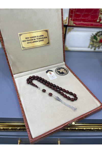 Personalized amber prayer beads with a silver tassel, presented in a gift box. - 4