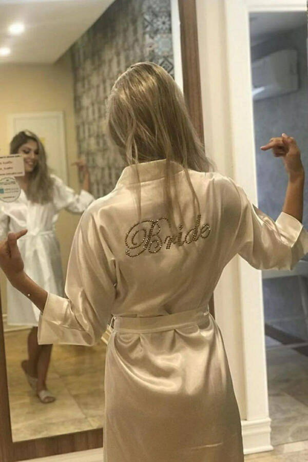 Personalized Ecru Satin Bridal Robe - Feather Sleeves - 1