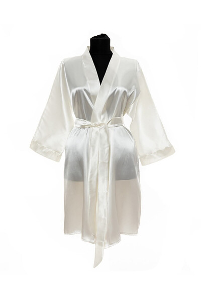 Personalized Ecru Satin Bridal Robe - Feather Sleeves - 2