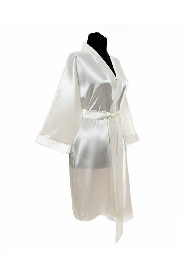 Personalized Ecru Satin Bridal Robe - Feather Sleeves - 3