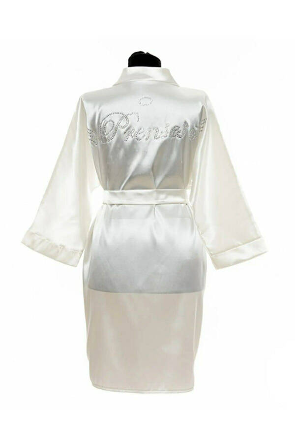 Personalized Ecru Satin Bridal Robe - Feather Sleeves - 4