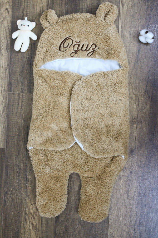 Personalized Embroidered Baby Swaddle Blanket Brown Sleeping Bag Curly Wellsoft Plush Bear Ear - 3