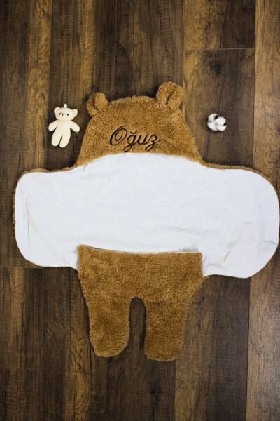 Personalized Embroidered Baby Swaddle Blanket Brown Sleeping Bag Curly Wellsoft Plush Bear Ear - 4