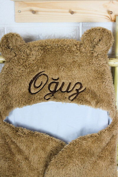 Personalized Embroidered Baby Swaddle Blanket Brown Sleeping Bag Curly Wellsoft Plush Bear Ear - 6