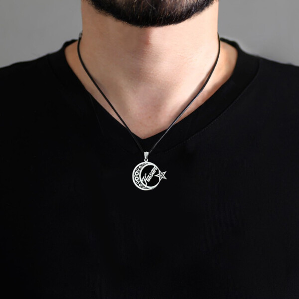 Personalized Name 925 Sterling Silver Men's Necklace with Star and Crescent Design and Rope Chain - 1