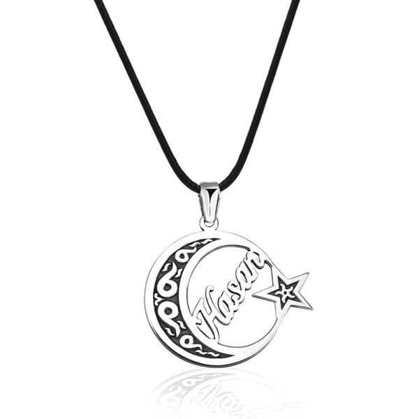 Personalized Name 925 Sterling Silver Men's Necklace with Star and Crescent Design and Rope Chain - 2