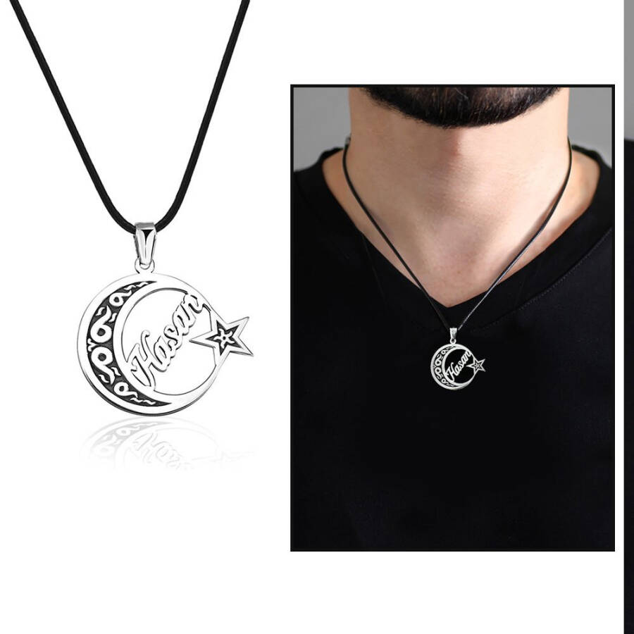 Personalized Name 925 Sterling Silver Men's Necklace with Star and Crescent Design and Rope Chain - 3