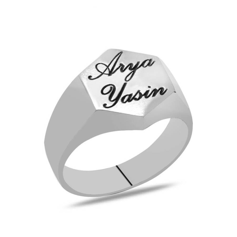 Personalized Name/Letter Hexagon Design 925 Sterling Silver Men's Ring - 2