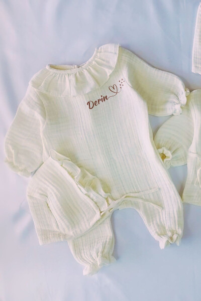 Personalized Newborn Baby Girl Organic Muslin Frilled Baby Neck Romper Hospital Discharge Gift - 1