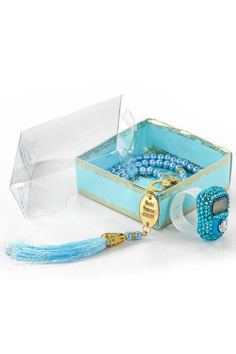 Personalized Plexiglass Set with Pearl Tasbih and Dhikr Counter, Blue - 1