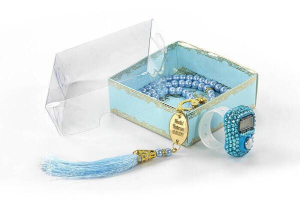 Personalized Plexiglass Set with Pearl Tasbih and Dhikr Counter, Blue - 2