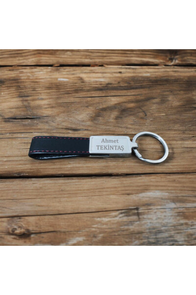 Personalized Steel Body Red Stitched Black Leather Keychain - 1