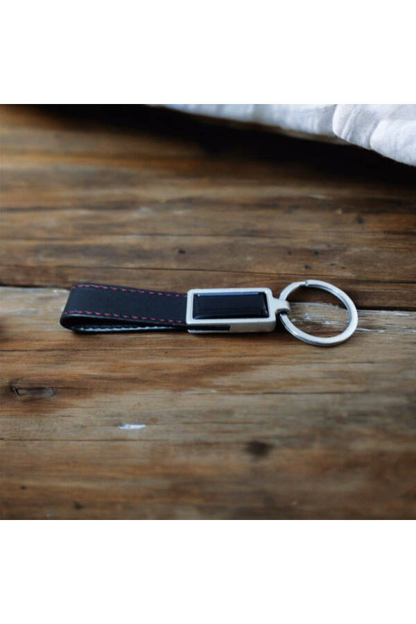 Personalized Steel Body Red Stitched Black Leather Keychain - 3