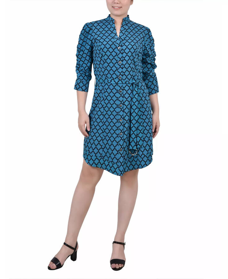 Petite 3/4 Rouched Sleeve Dress with Belt Harbor Blue Black Quatrefoil - 1