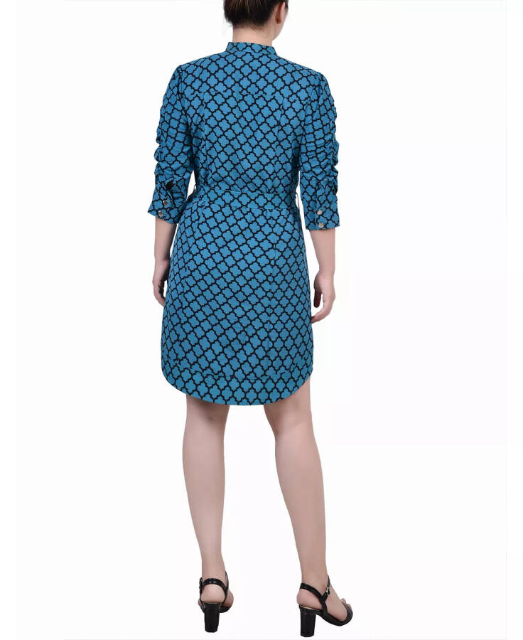 Petite 3/4 Rouched Sleeve Dress with Belt Harbor Blue Black Quatrefoil - 2