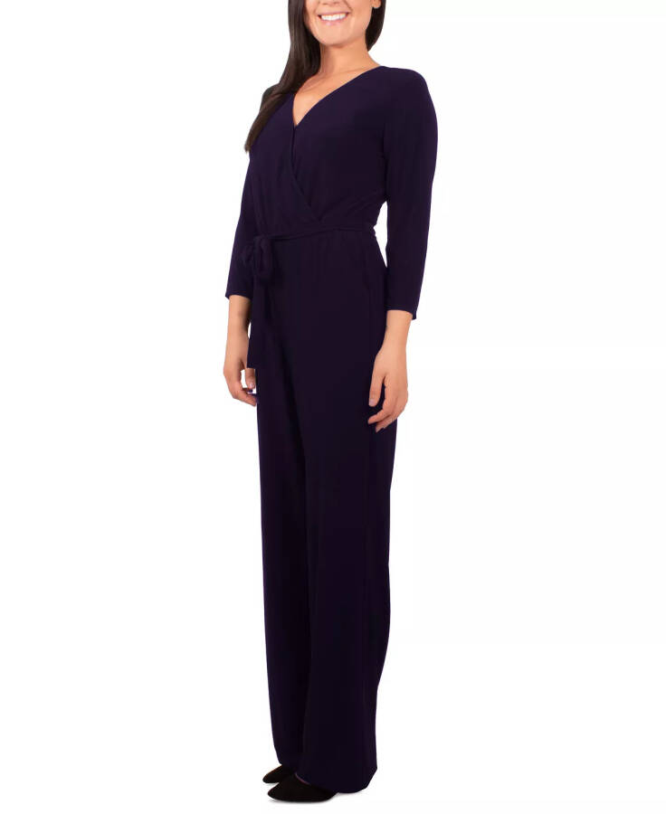 Petite 3/4 Sleeve Belted Wide Leg Jumpsuit Navy - 6