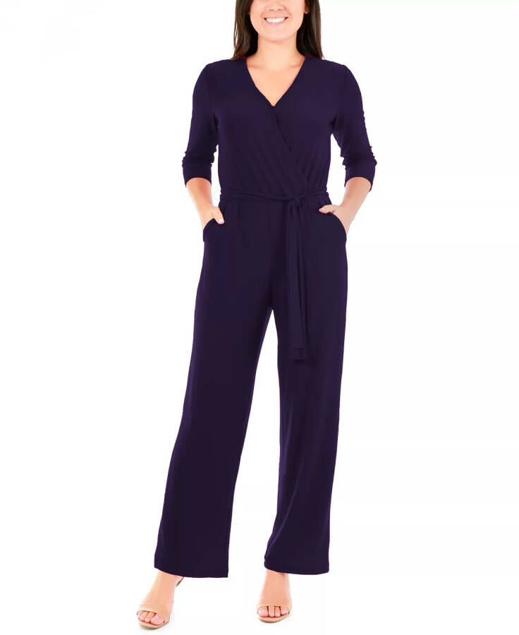 Petite 3/4 Yelkali Kamarli Keng Oyoqli Jumsuit Navy - 4