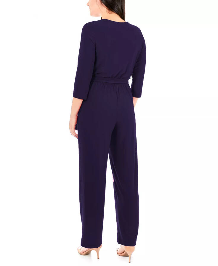 Petite 3/4 Yelkali Kamarli Keng Oyoqli Jumsuit Navy - 5