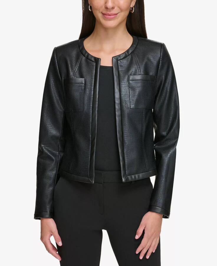 Petite Embossed Faux-Leather Collarless Jacket Black - 1